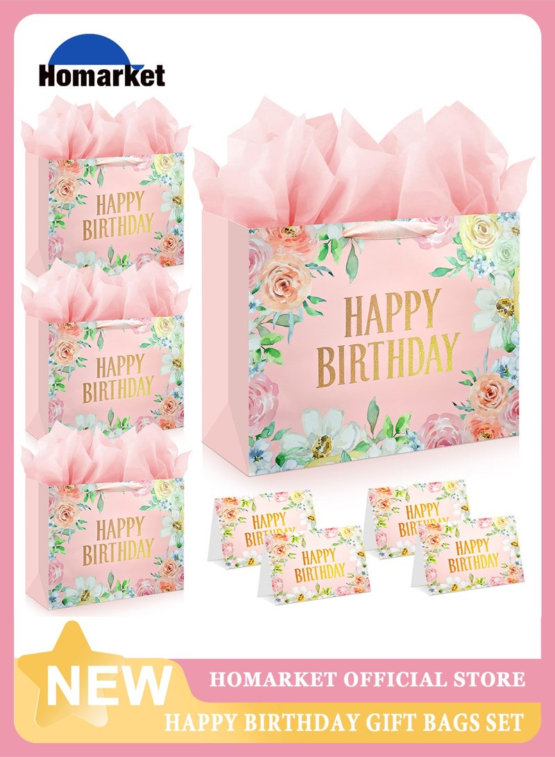 HomarKet 4 Pack Large Happy Birthday Gift Bag with Card and Tissue Papers, Handles Floral Design for Women Girls Birthday Party 33x12x26cm，Pink - Image 1